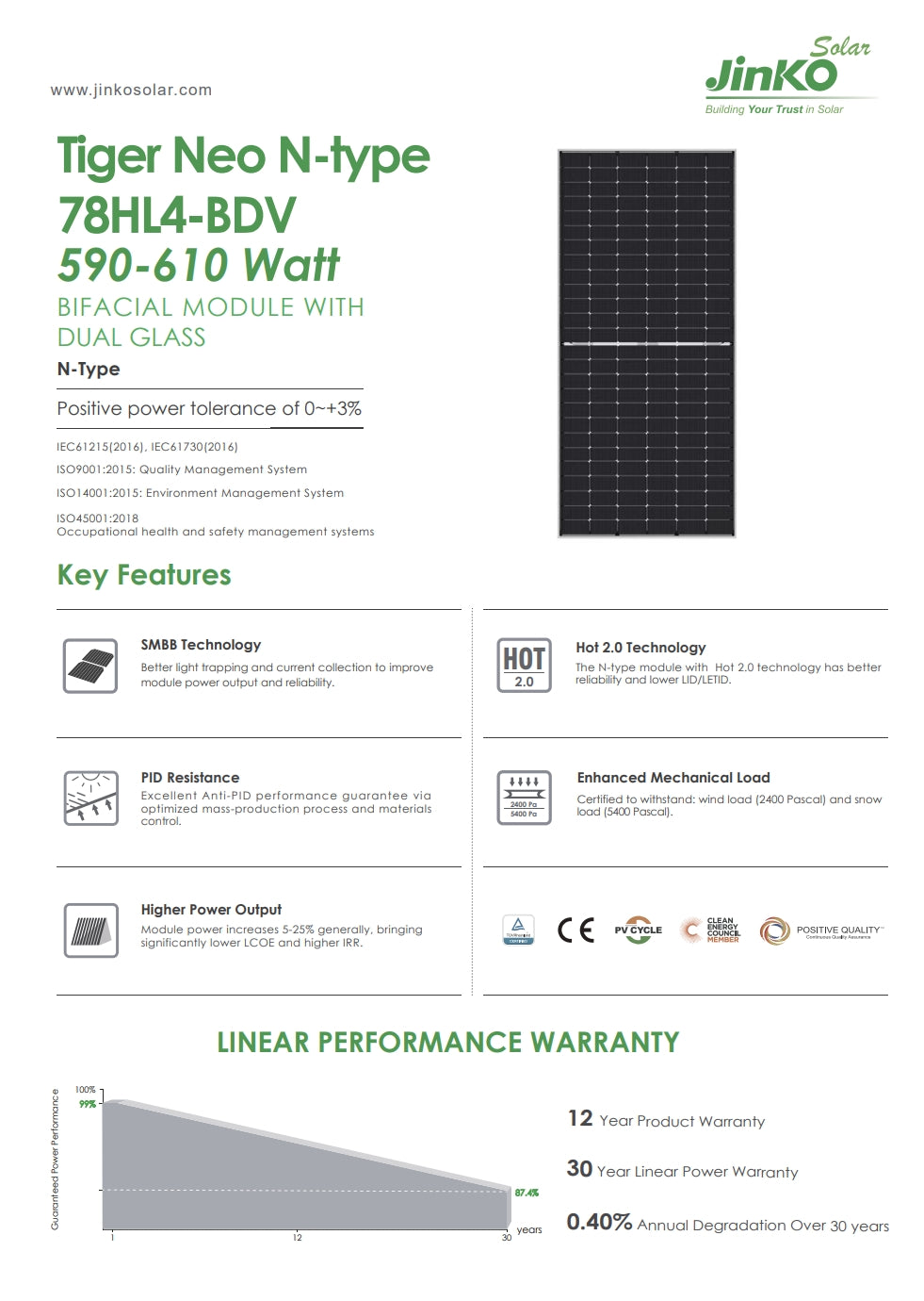 Jinko 590 Watt Solar Panel, The Jinko Tiger Neo module features positive power tolerance, SMBB technology, and improved light trapping for enhanced power output and reliability.