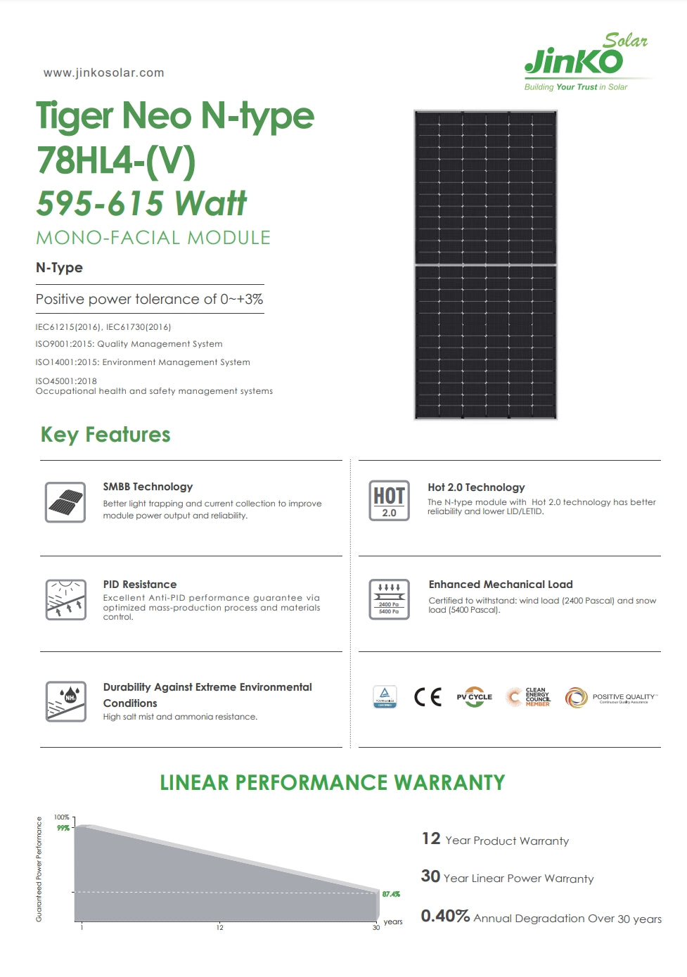 Jinko 595 Watt Solar Panel, Jinko Solar Tiger Neo module features SMBB and Hot 2.0 tech for improved energy harvesting, with N-type design offering better reliability and durability.