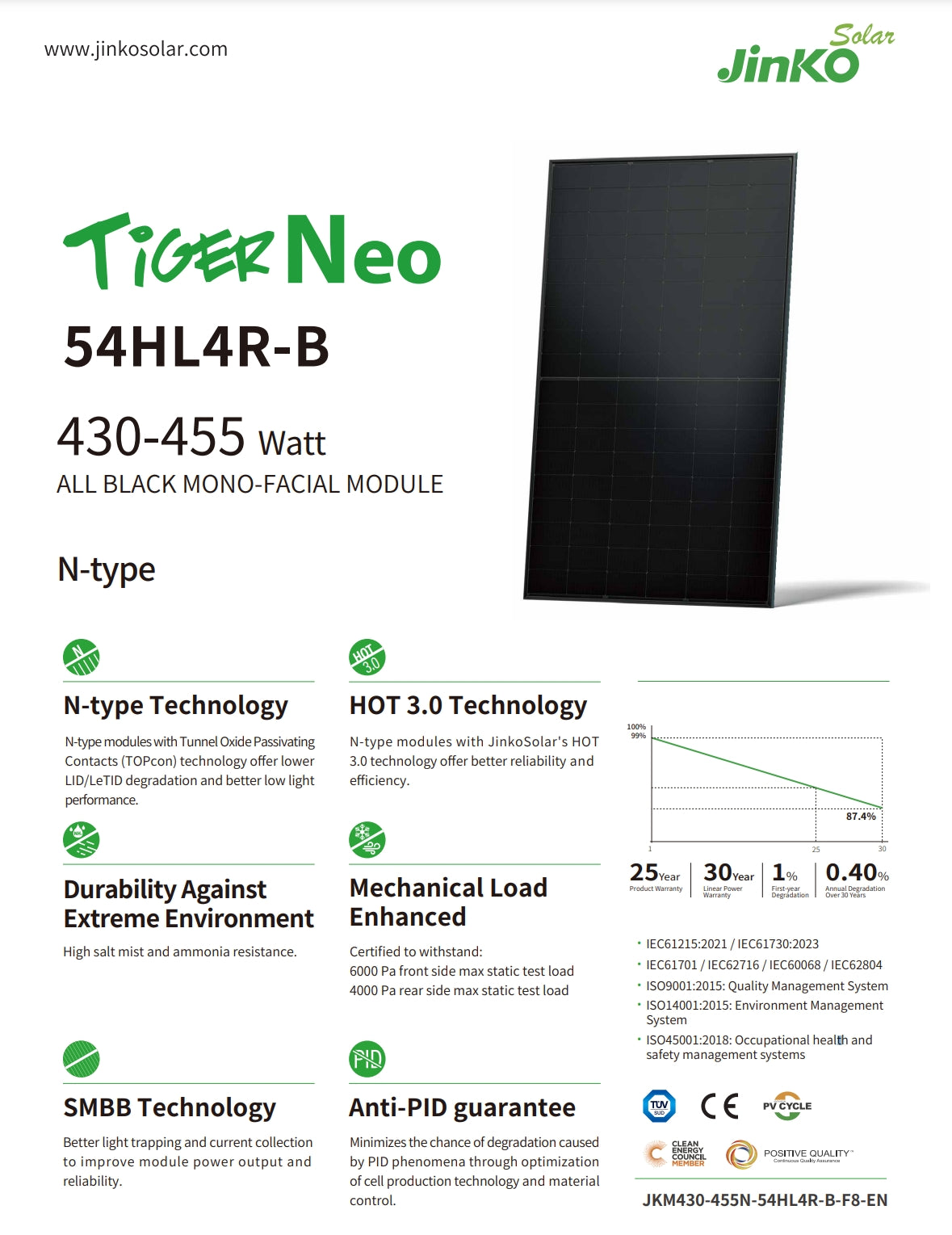 Jinko 455W Solar Panel, The JinKo Solar 455W Solar Panel features monofacial module with N-type technology, offering better reliability, low light efficiency, and durability against extreme environments.