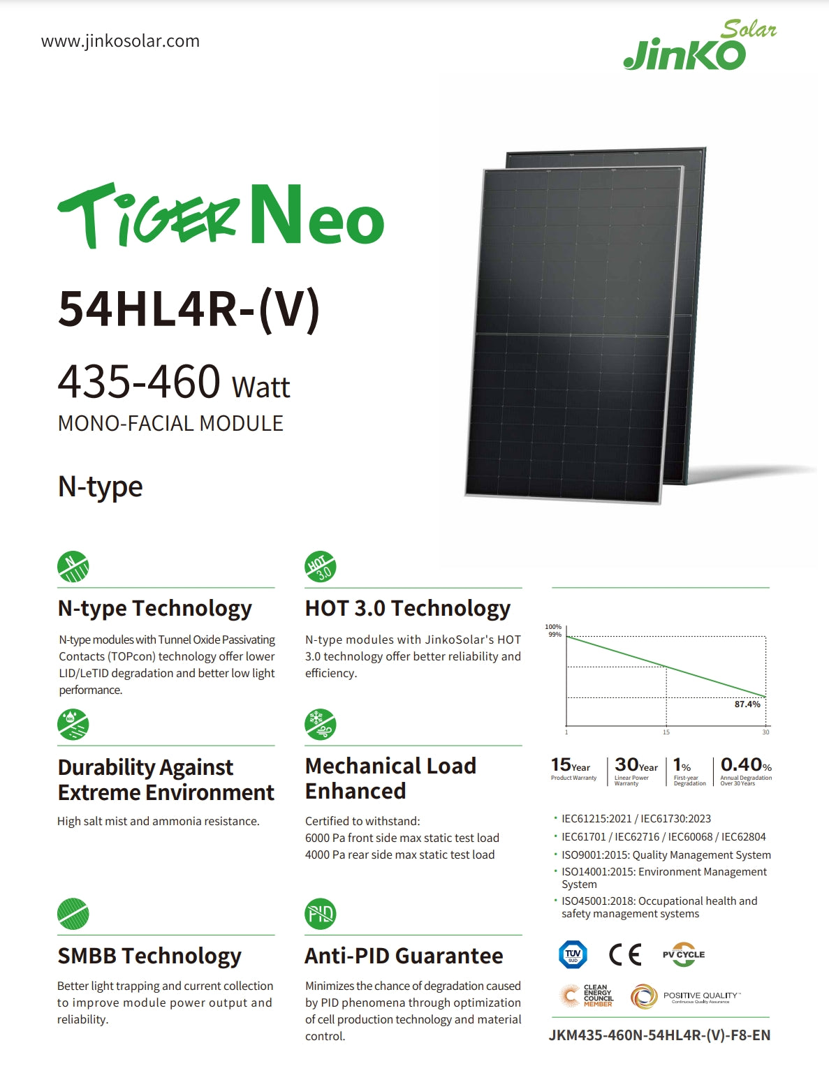 Jinko 460 Watt Solar Panel, The JinkoSolar TiberNeo 54HL4R-(V) is a high-performance mono- facialed module with enhanced durability and reliability.