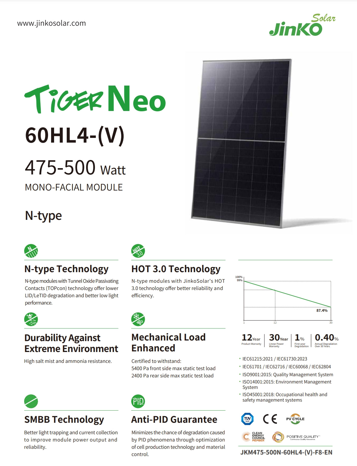 Jinko 500W Solar Panel, JinkoSolar TioerNeo module features better reliability and performance with N-type technology, high efficiency, durability, and resistance to extreme environments.