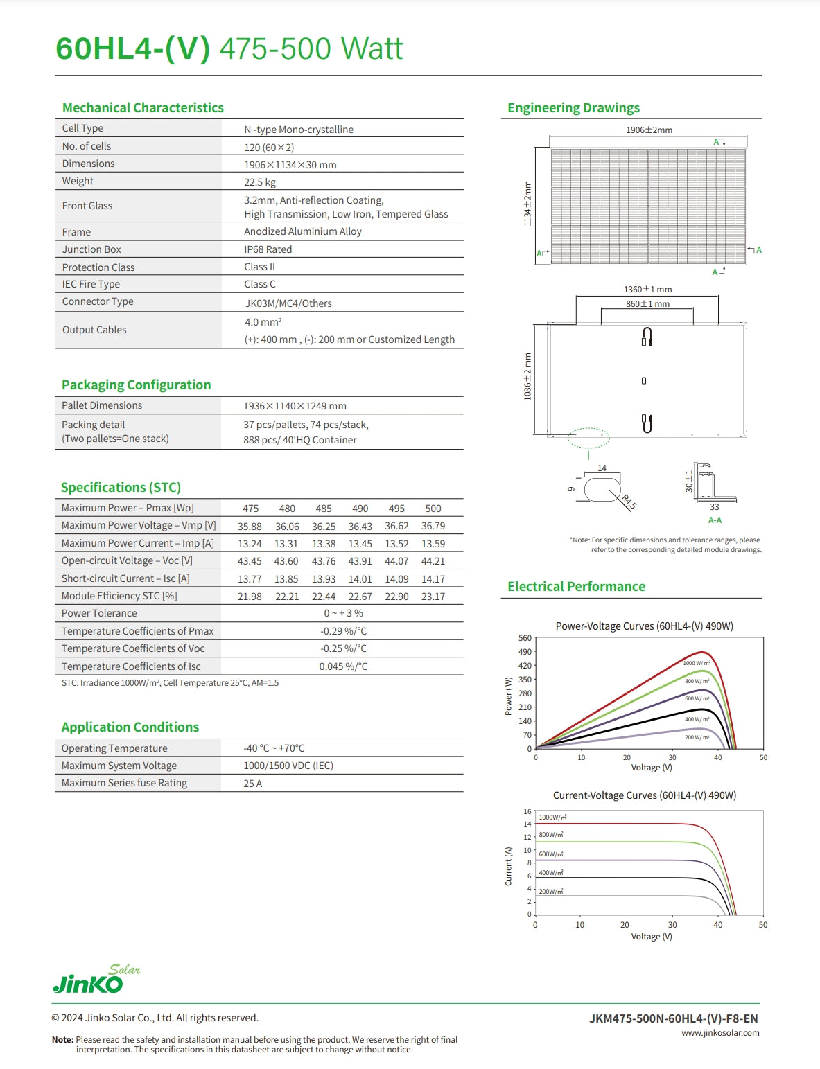 Jinko 500W Solar Panel features N-type mono-crystalline cells and mechanical characteristics with a maximum power output of 475-500 watts.