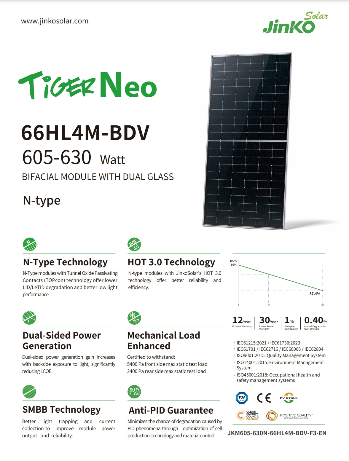 Jinko 630W Solar Panel, JinkoSolar Tioer Neo module features improved reliability, better performance, and enhanced low light efficiency with N-type technology and dual glass design.