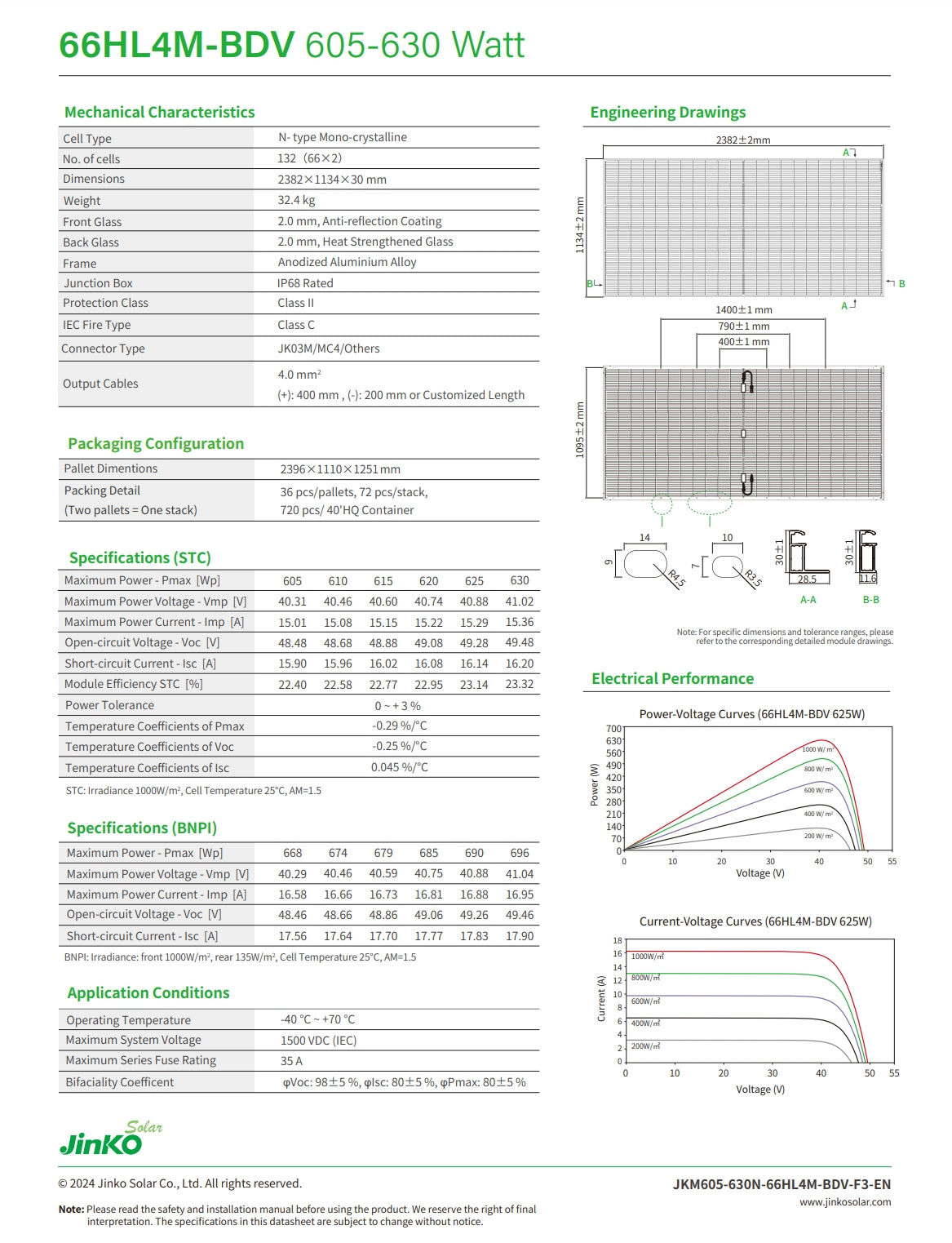 Jinko 630W Solar Panel, Description of Jinko solar panel with power range from 605 to 630 watts.