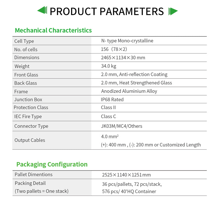 Jinko 650 Watt Solar Panel, The Jinko 650W Solar Panel features mechanical characteristics including mono-crystalline cells, aluminum alloy frame, and IP68 rated junction box.