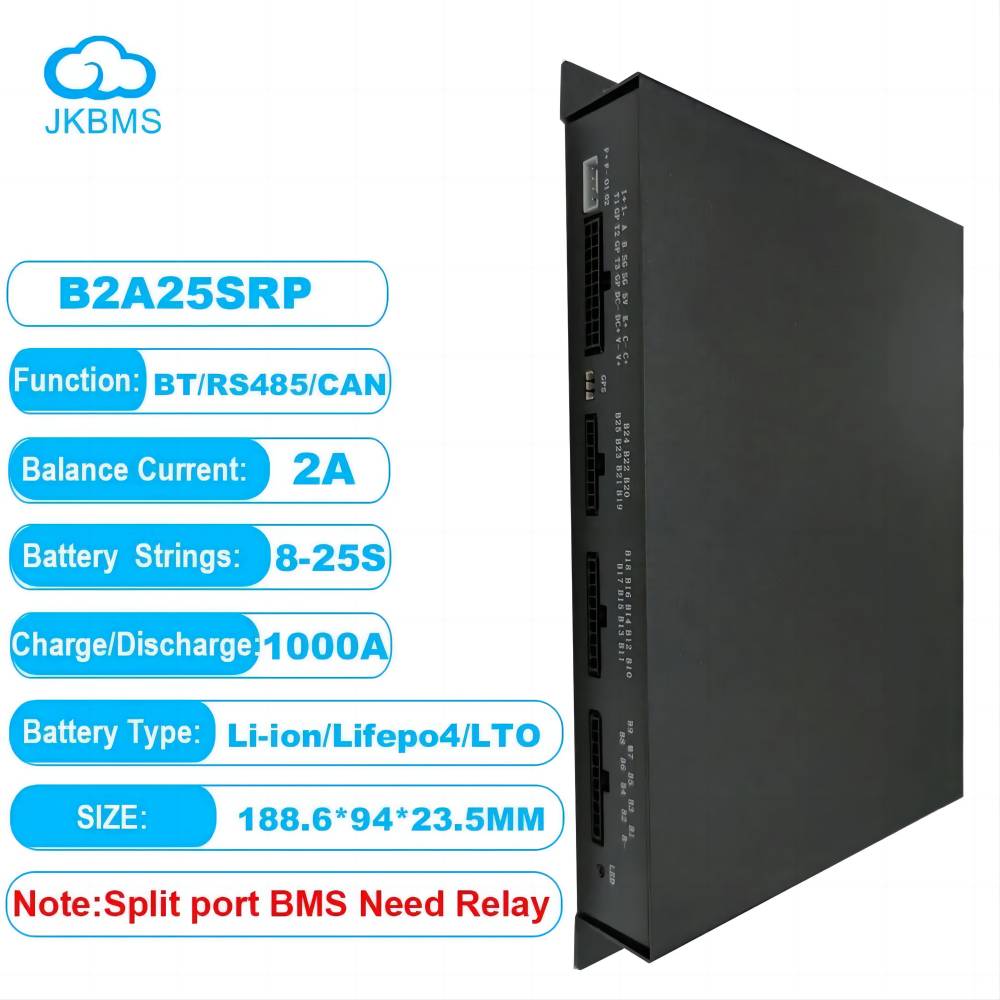 JKBMS B2A25SRP BMS side view with printed specs for BT/RS485/CAN, 2A balance and 8–25S