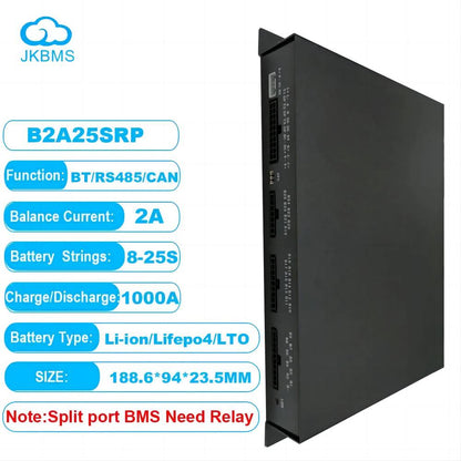 JKBMS B2A25SRP BMS side view with printed specs for BT/RS485/CAN, 2A balance and 8–25S