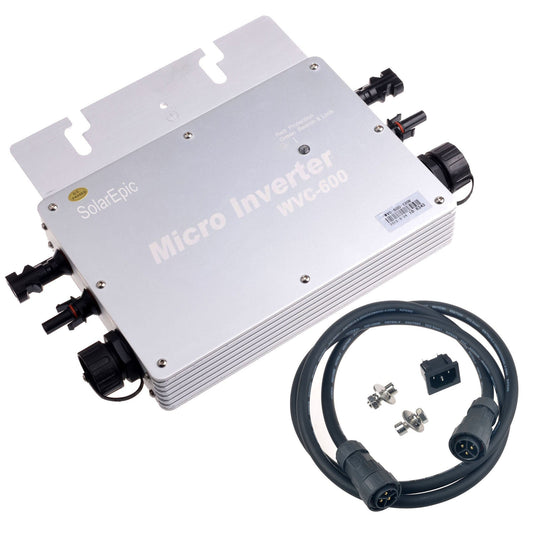 MPPT 600W Waterproof Grid Tie Inverter, SolarEpic WVC-600 micro grid-tie inverter in aluminum case with waterproof connectors, AC cable and hardware