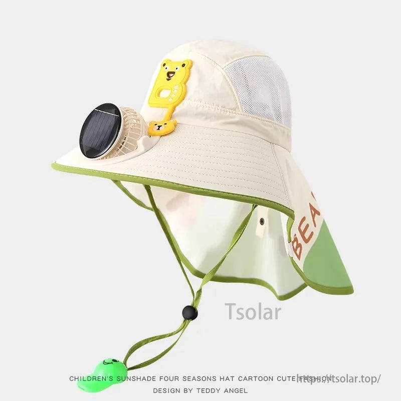 Kid's Solar Fan Hat, Solar fan hat for kids with bear design, green brim, adjustable strap.