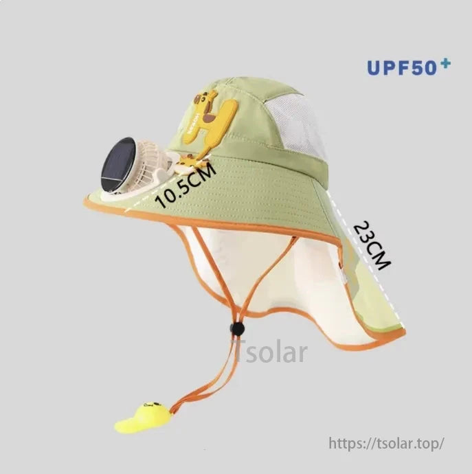 Kid's Solar Fan Hat, Solar fan hat for kids with neck flap, USB rechargeable, and UPF50+ protection for outdoor play.