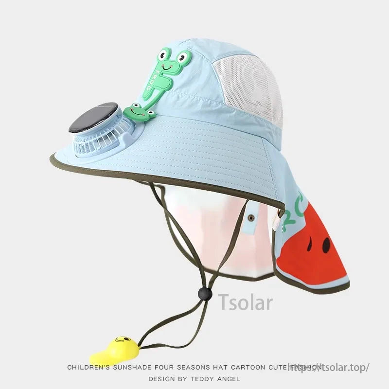 Kid's Solar Fan Hat, Kids' solar fan hat with frog design, adjustable strap, and watermelon pattern for fun, cooling wear.
