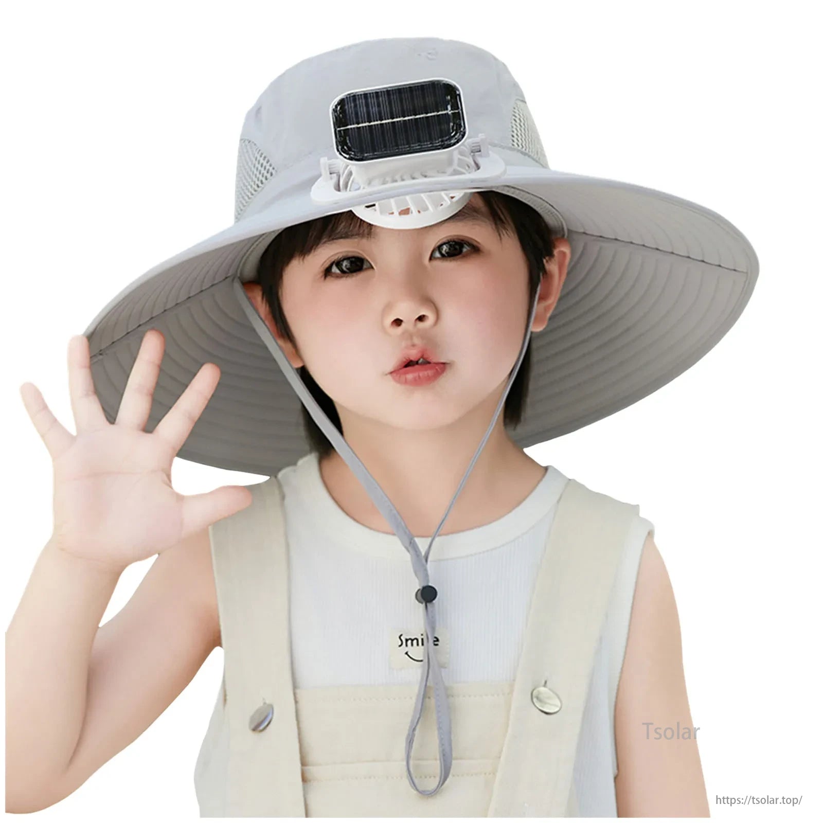 Kids Solar Fan Hat, Specifications for a rechargeable battery: Nylon-ABS material, 800mAh capacity, solar panel and USB charging options, and 5V/2W input voltage.
