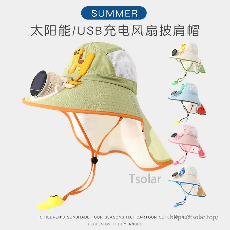 Kid's Solar Fan Hat, Cute cartoon sunhat with solar/USB fan, suitable for kids in all seasons. Designed by Teddy Angel.
