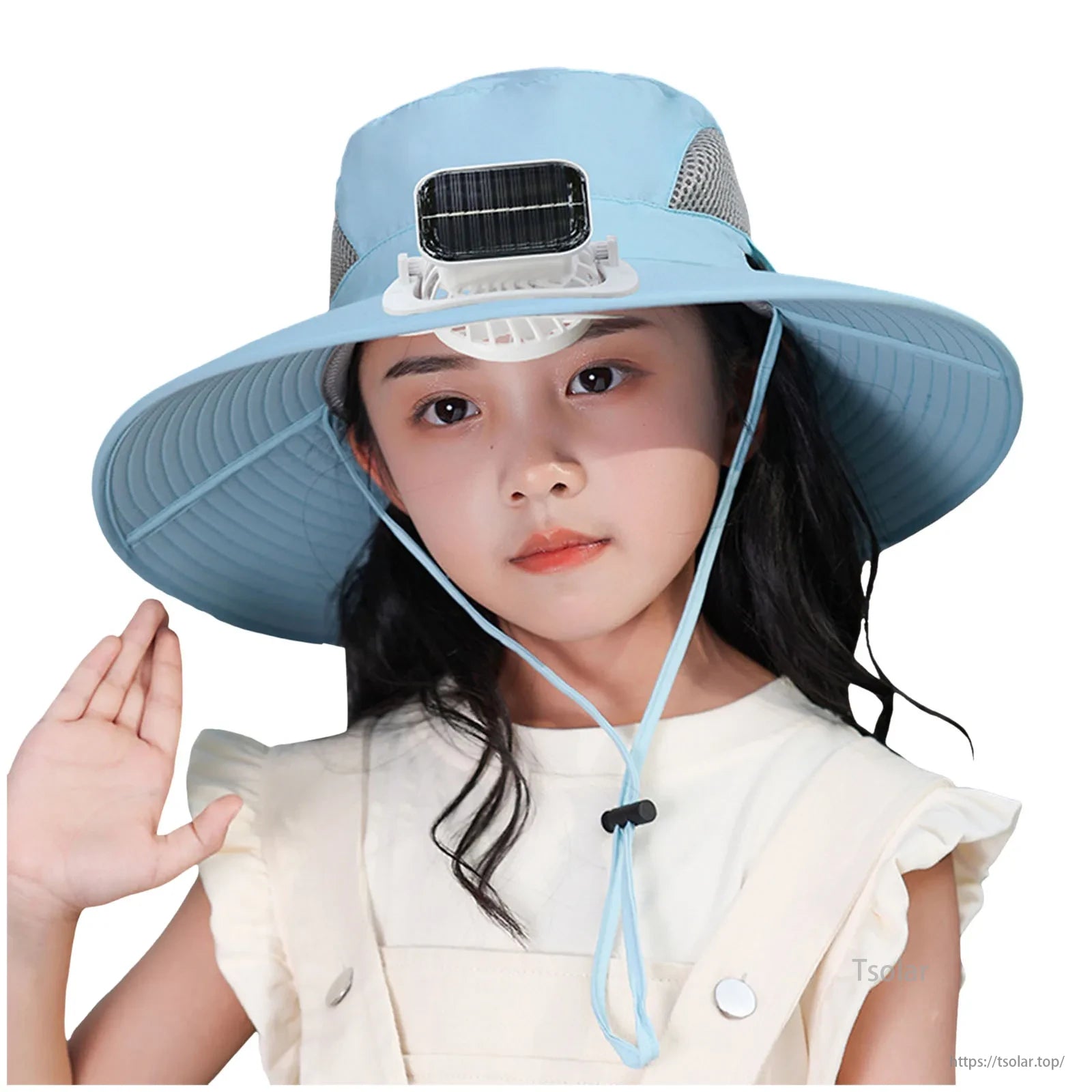 Kids solar fan hat with UV protection and 3-speed cooling fan for hiking, gardening, and outdoor play.