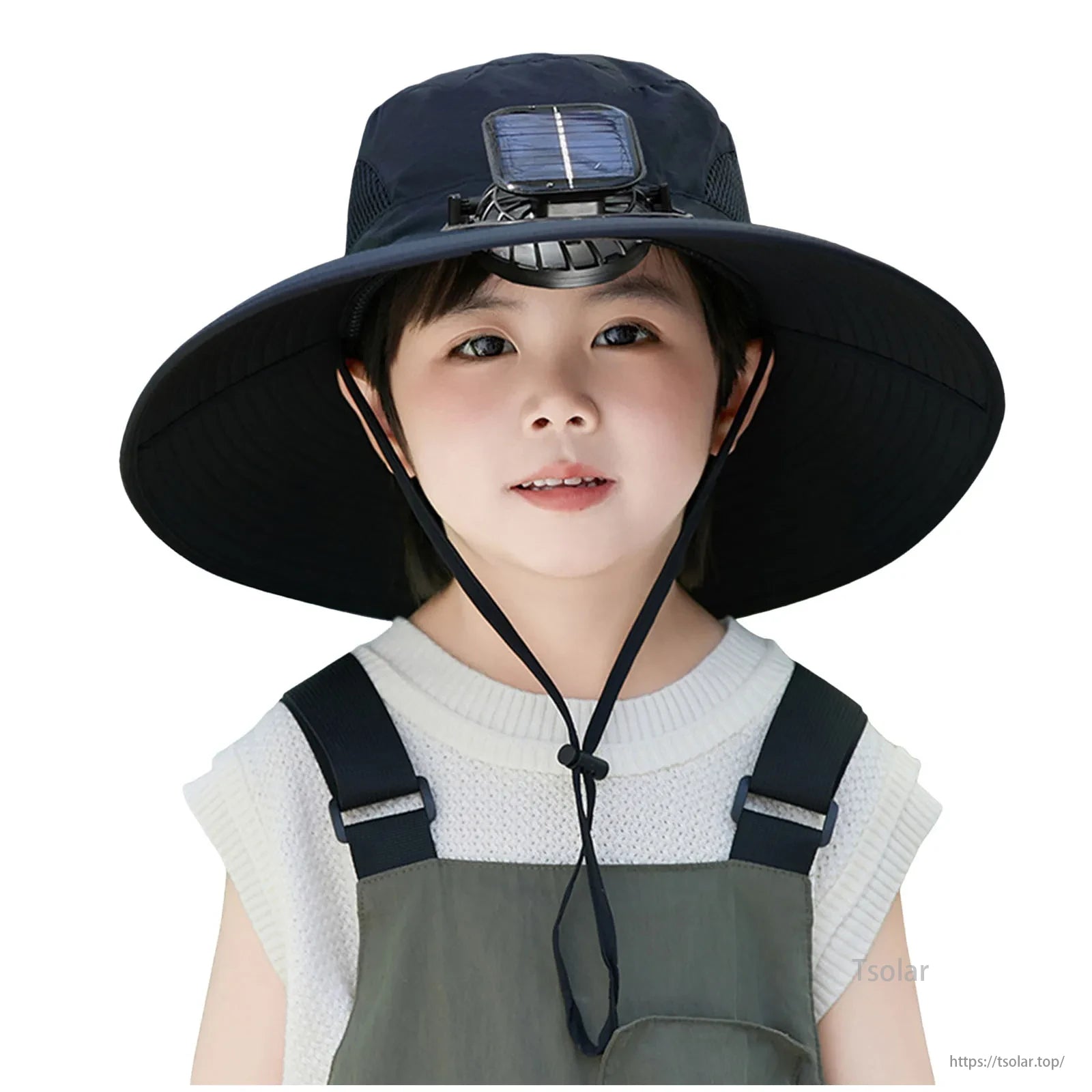 Kids Solar Fan Hat, A soft adjustable chin strap helps keep a hat secure in windy conditions.