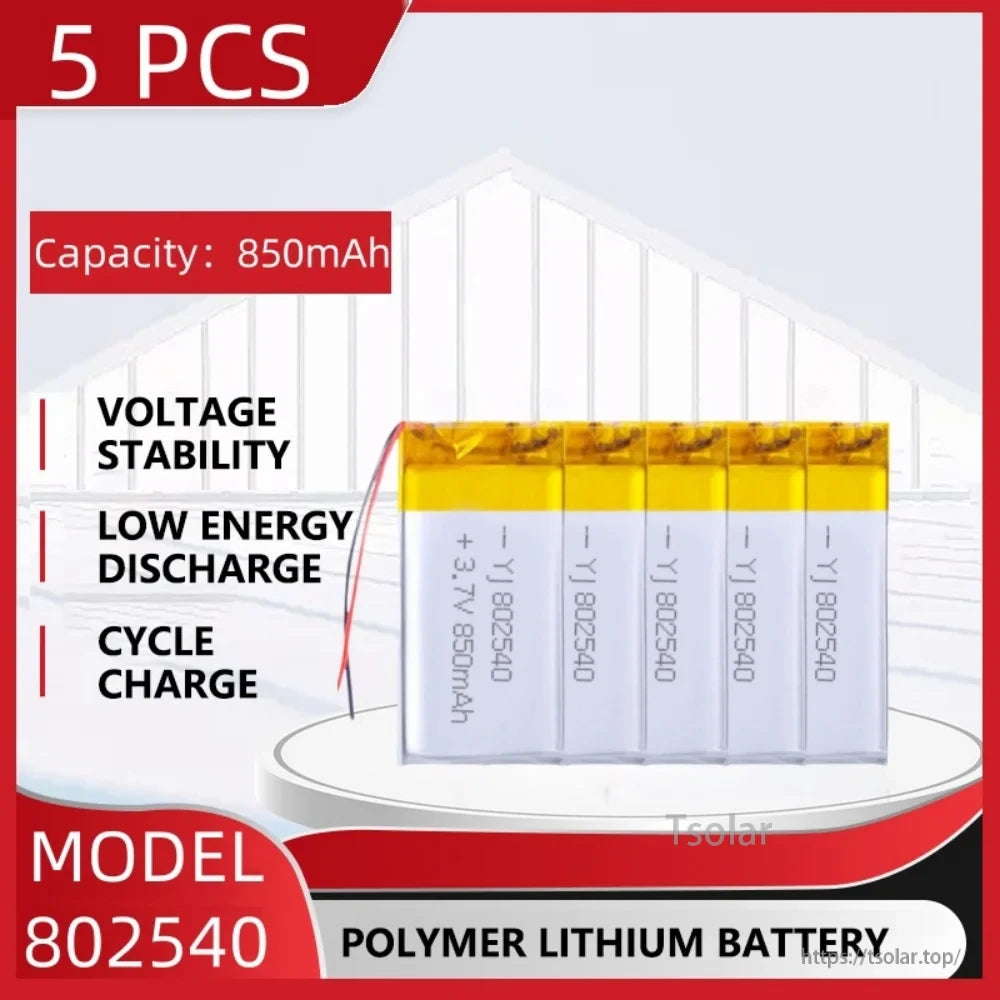 Koonenda 3.7V LiPo Battery, Five 850mAh 3.7V polymer lithium batteries (model 802540) with stable voltage, low self-discharge, and good cycle performance.