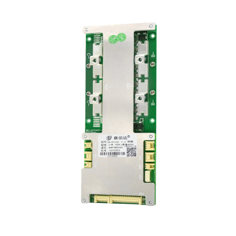 JBD AP21S004 Smart BMS circuit board top view with aluminum cover and multiple terminal blocks