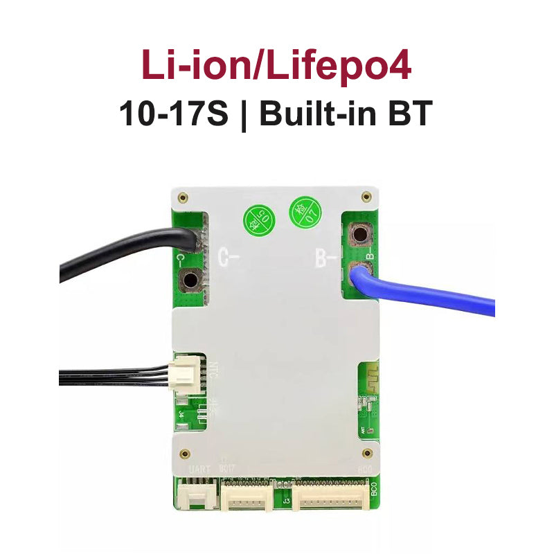 JBD SP17S005 smart BMS graphic showing Li-ion/LiFePO4 10–17S and built-in Bluetooth, front view