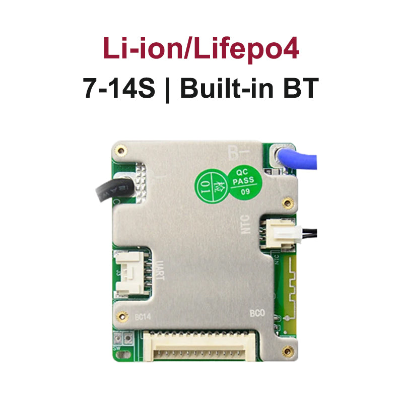 JBD SP14S004 BMS graphic showing Li-ion/LiFePO4 7-14S support and built-in Bluetooth