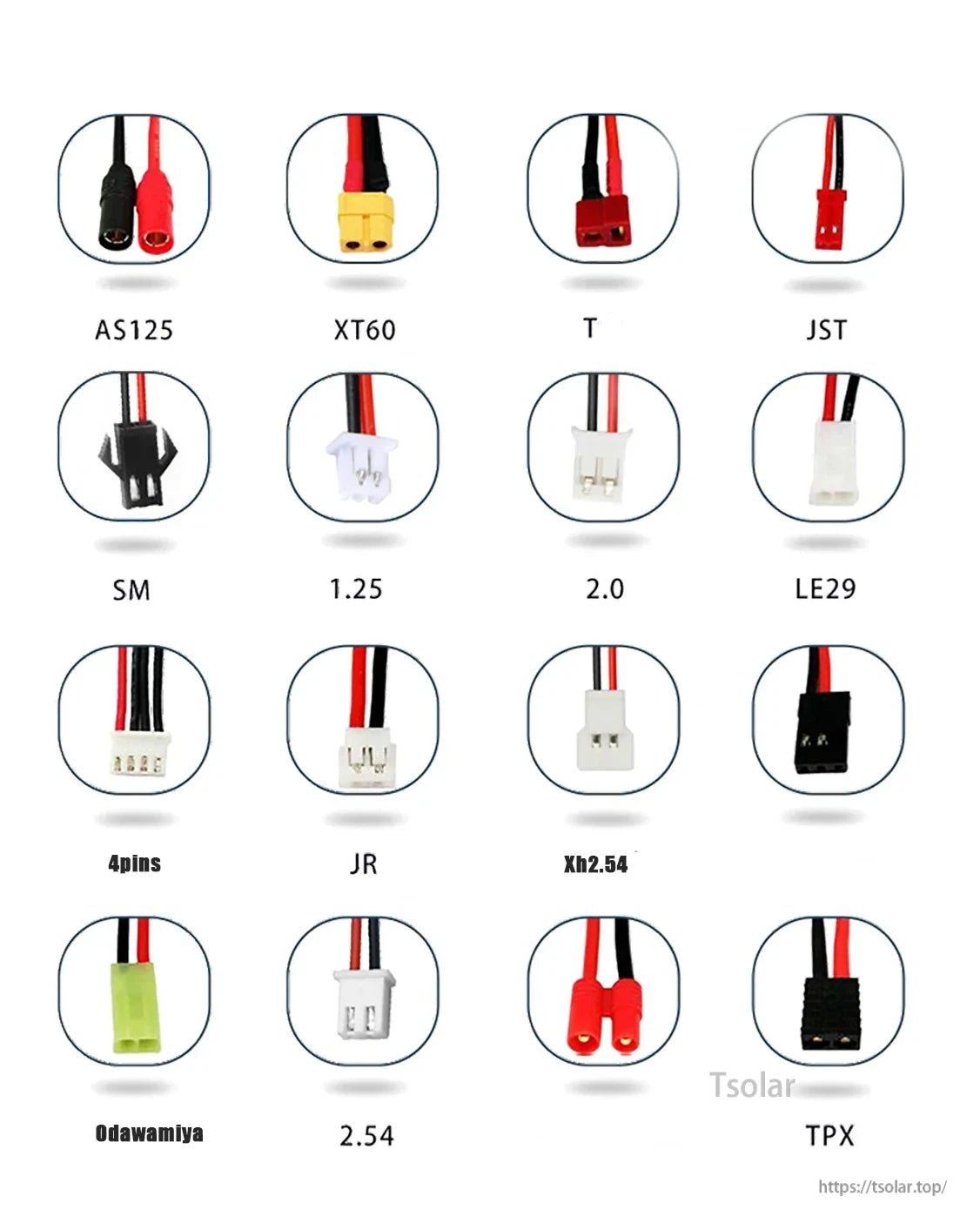 L7ADFJ 3.7V Lipo Battery, Common battery connector types include AS125, XT60, T, JST, SM, 1.25, 2.0, LE29, 4-pin, JR, Xh2.54, Odawamiya, 2.54, and TPX.