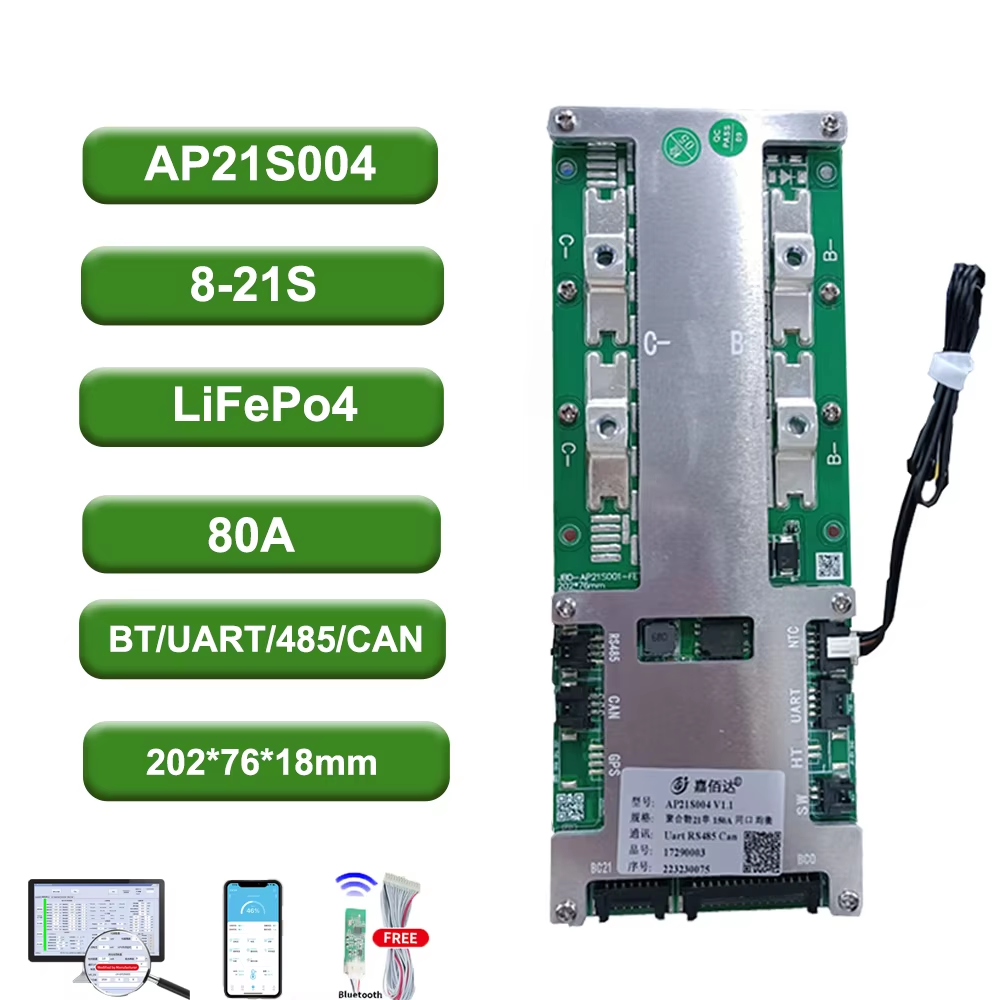 AP21S004 8–21S LiFePO4 80A Smart BMS spec graphic with BT/UART/485/CAN and size 202×76×18mm