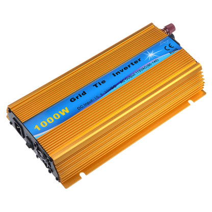 1000W MPPT Grid Tie Inverter, Gold 1000W grid-tie inverter with finned aluminum case and label showing DC input 10.8–30V
