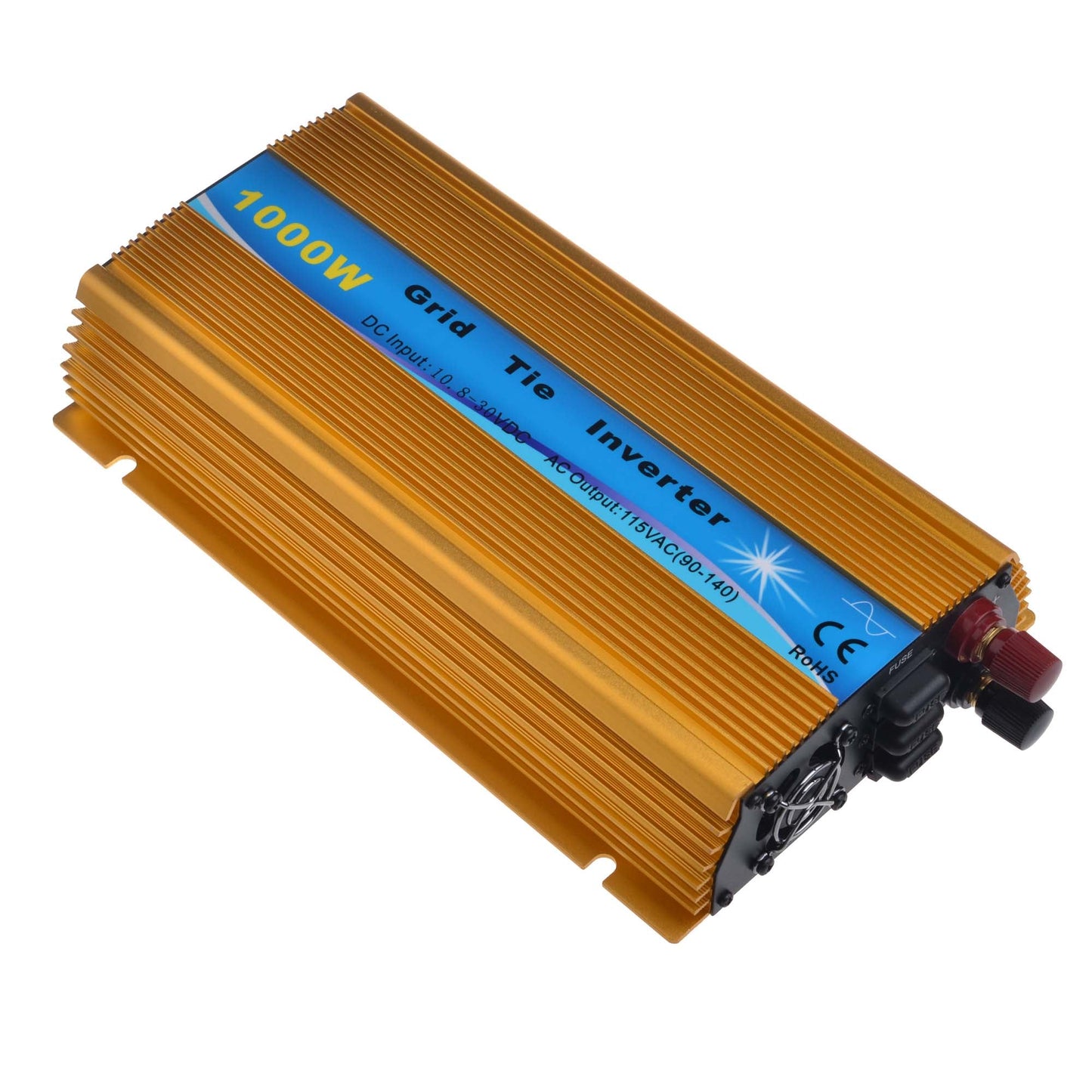 1000W MPPT Grid Tie Inverter, 1000W grid tie inverter in gold finned aluminum case with blue label and end-mounted terminals and fan