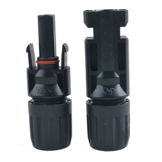 TUV MC4 Solar Photovoltaic Connector, Pair of black MC4 solar photovoltaic connectors with locking tabs and threaded cable gland nuts