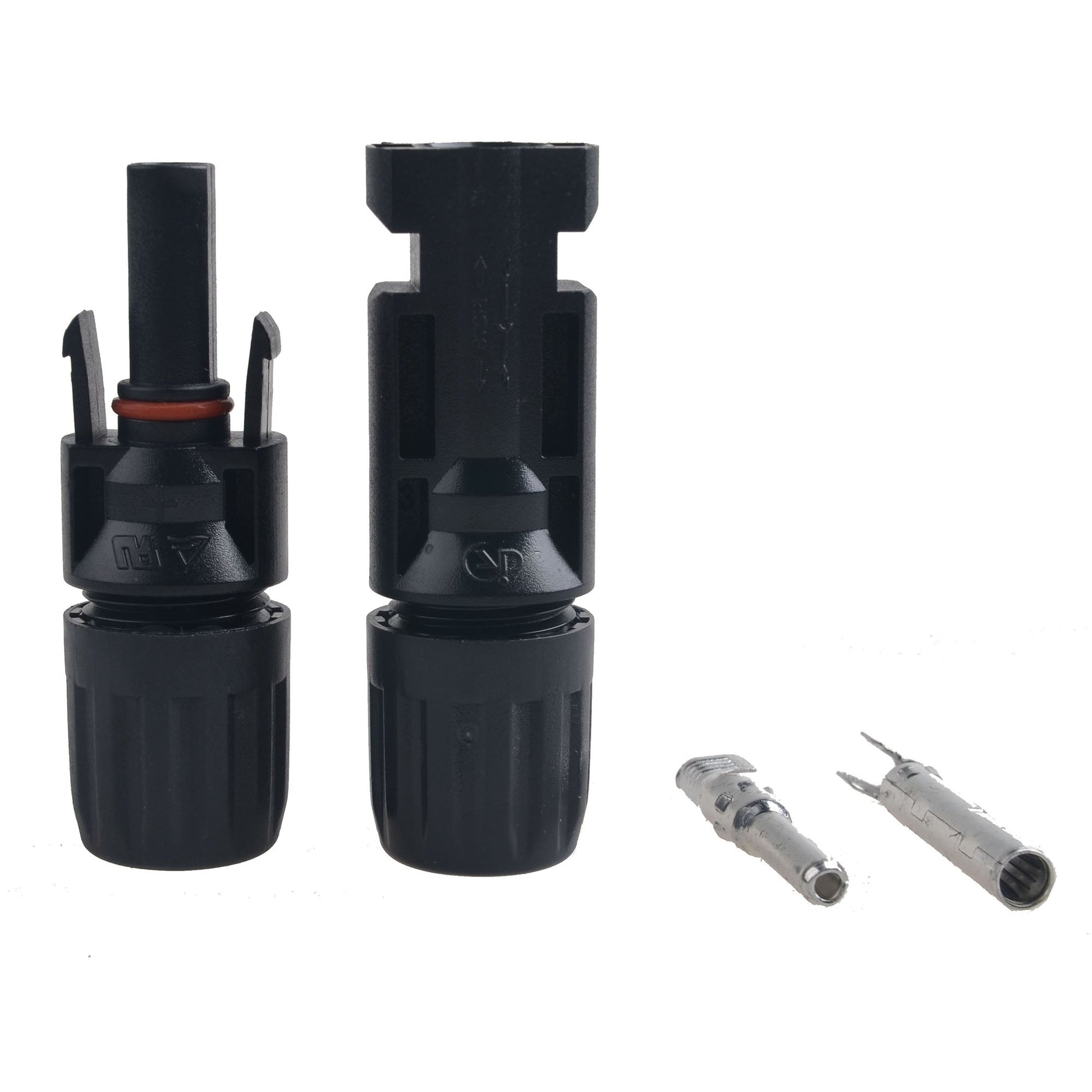 TUV MC4 Solar Photovoltaic Connector, MC4 solar photovoltaic connector set with male and female black housings and two metal crimp contacts