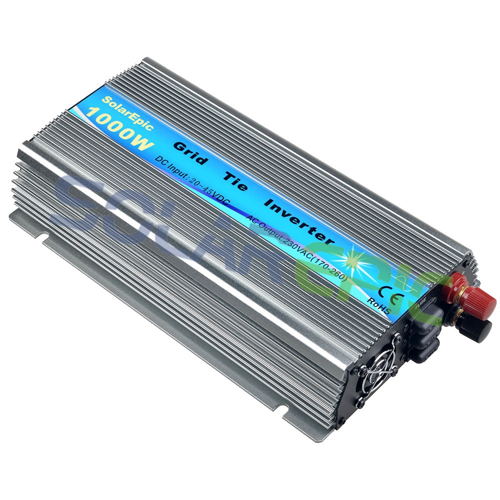 1000W Solar Grid Tie Inverter, 1000W SolarEpic grid tie inverter with finned aluminum case, DC input 20–45VDC label, and red/black terminals