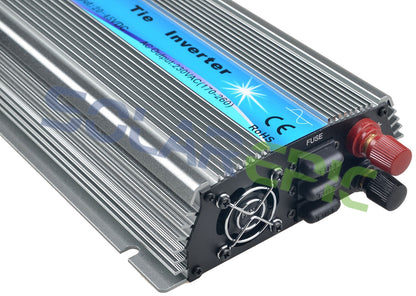 1000W solar grid tie inverter with finned aluminum case, cooling fan, fuse label, and red/black terminals