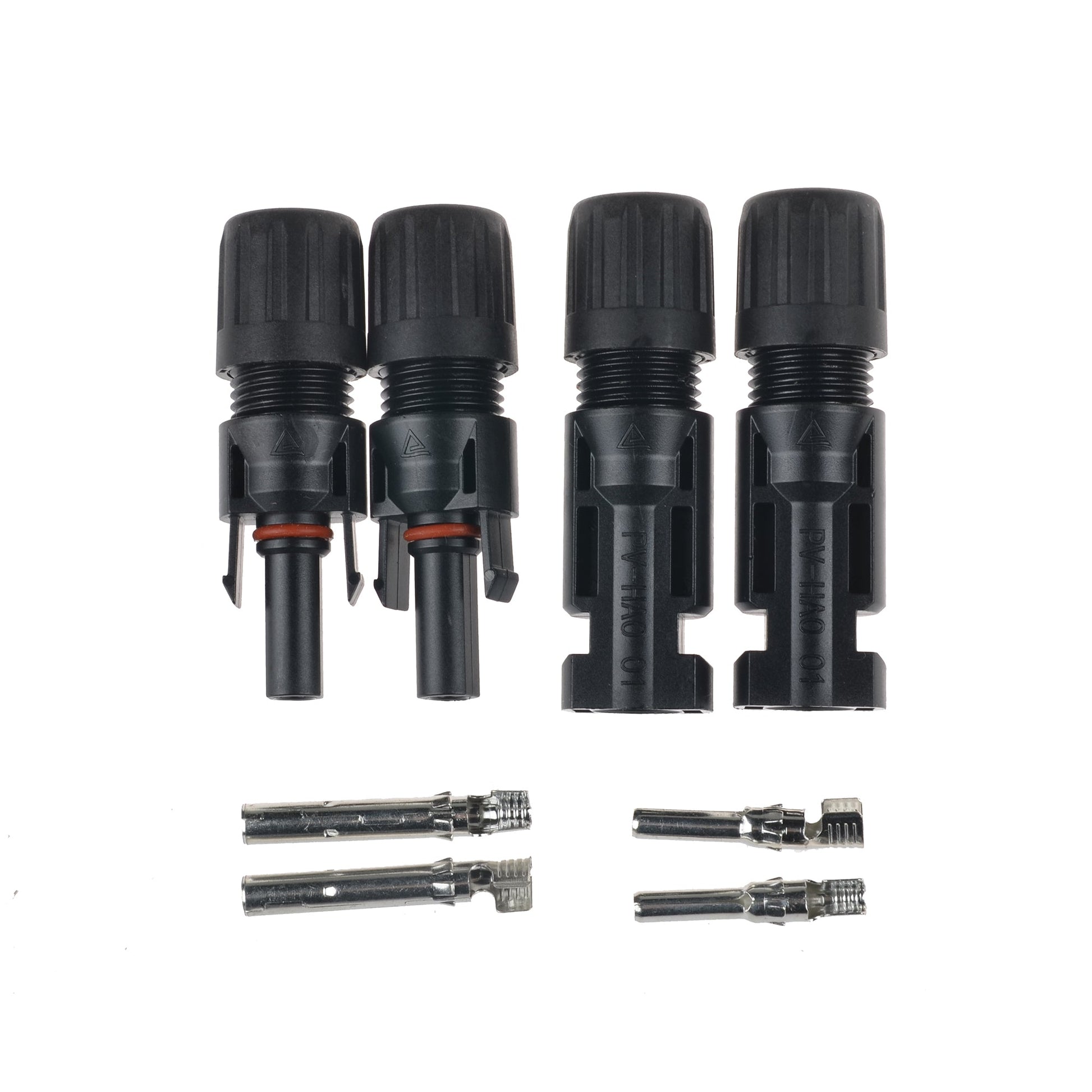 IP65 solar panel connector set with two black male/female plug housings and metal crimp contact pins