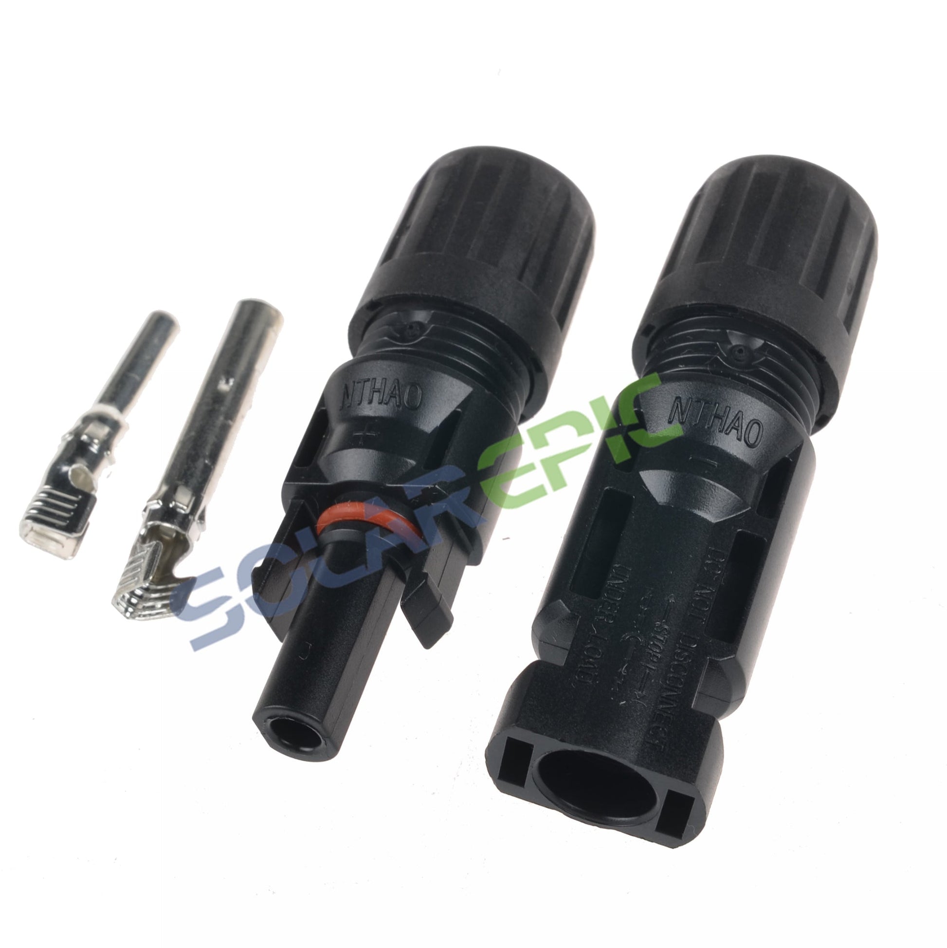 Solar panel cable connector set with male and female black housings and two metal crimp contacts on white background