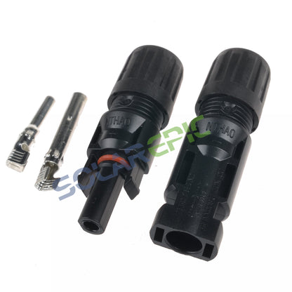 Solar panel cable connector set with male and female black housings and two metal crimp contacts on white background