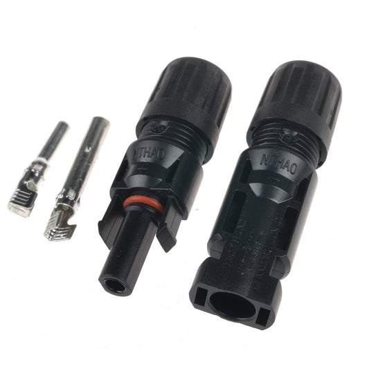 IP65 Solar Panel Connector, Black solar panel connector set with male and female housings, orange seal ring, and two metal crimp pins
