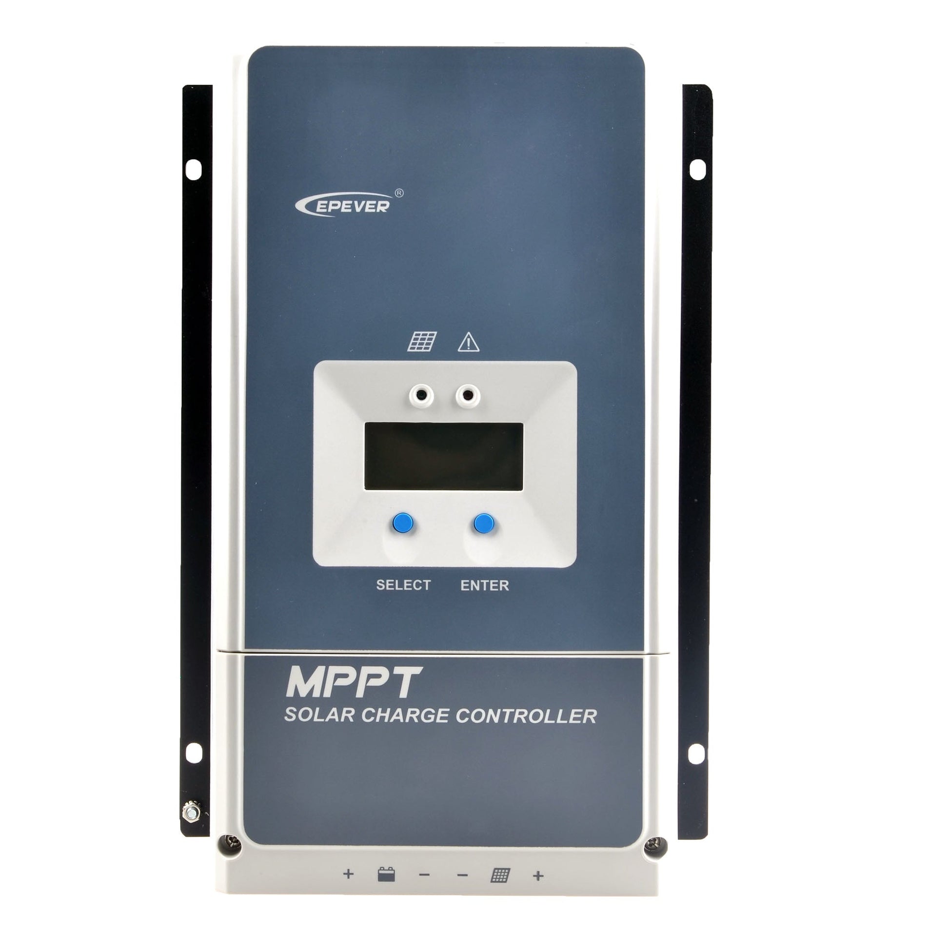 Front view of Epever Tracer AN MPPT solar charge controller with built-in LCD display and Select/Enter buttons.