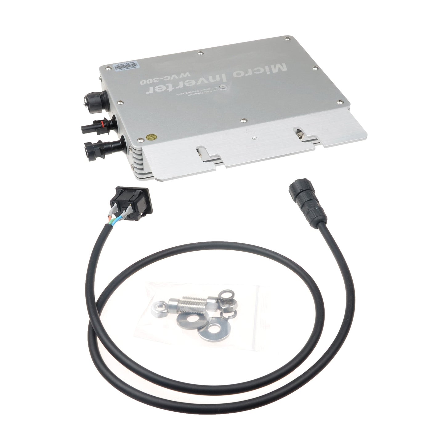 SolarEpic waterproof grid-tie inverter in aluminum case with MC4 connectors, AC plug lead, and mounting hardware