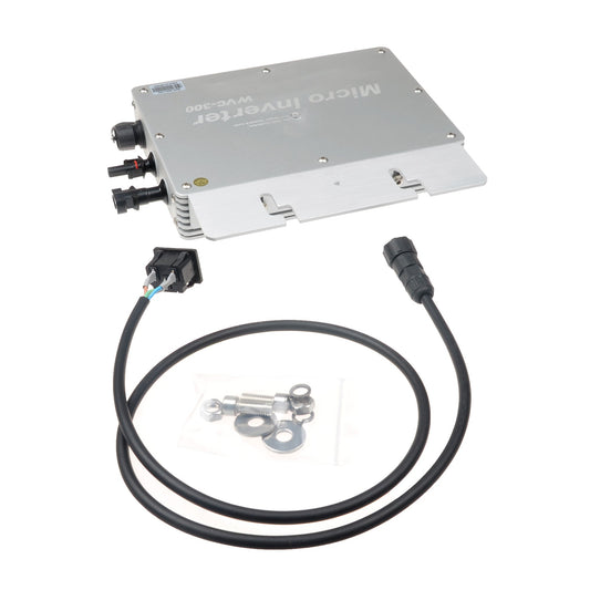 SolarEpic waterproof grid-tie inverter in aluminum case with MC4 connectors, AC plug lead, and mounting hardware