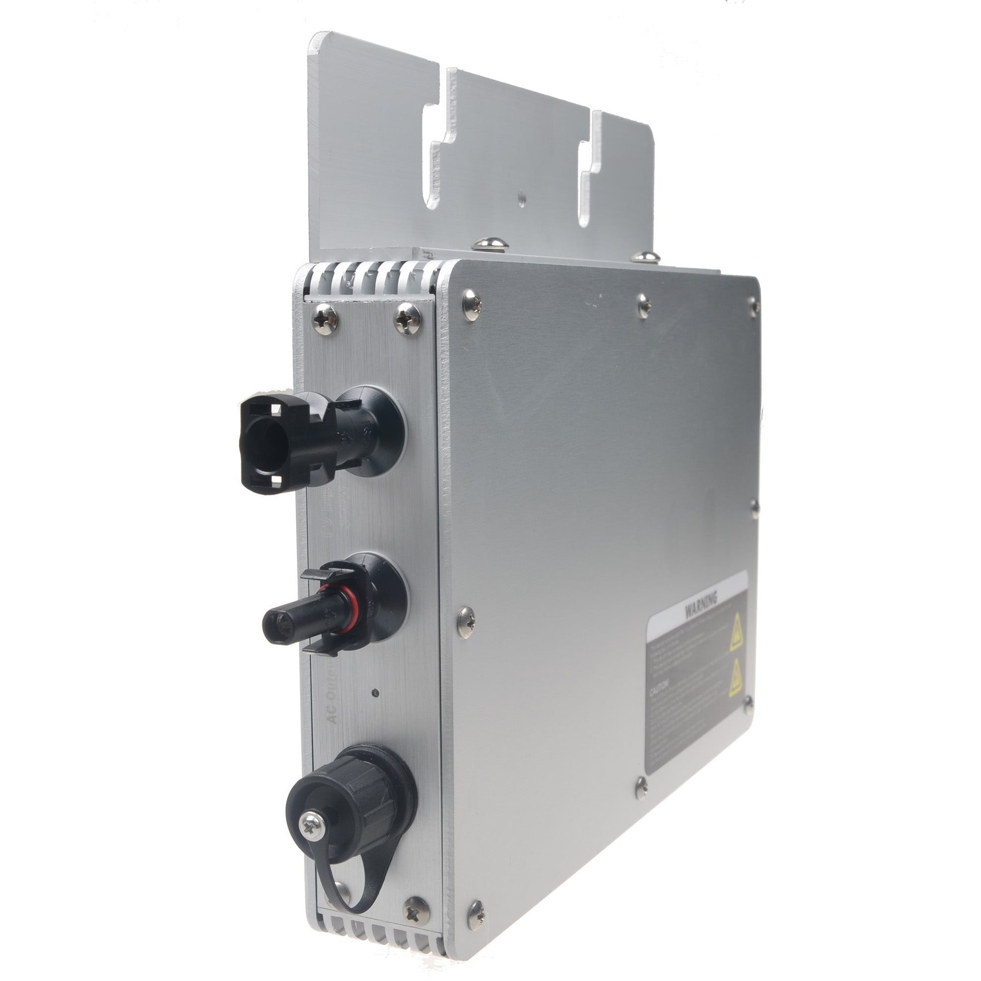 SolarEpic MPPT grid-tie inverter in metal enclosure with mounting bracket and AC/DC cable connectors