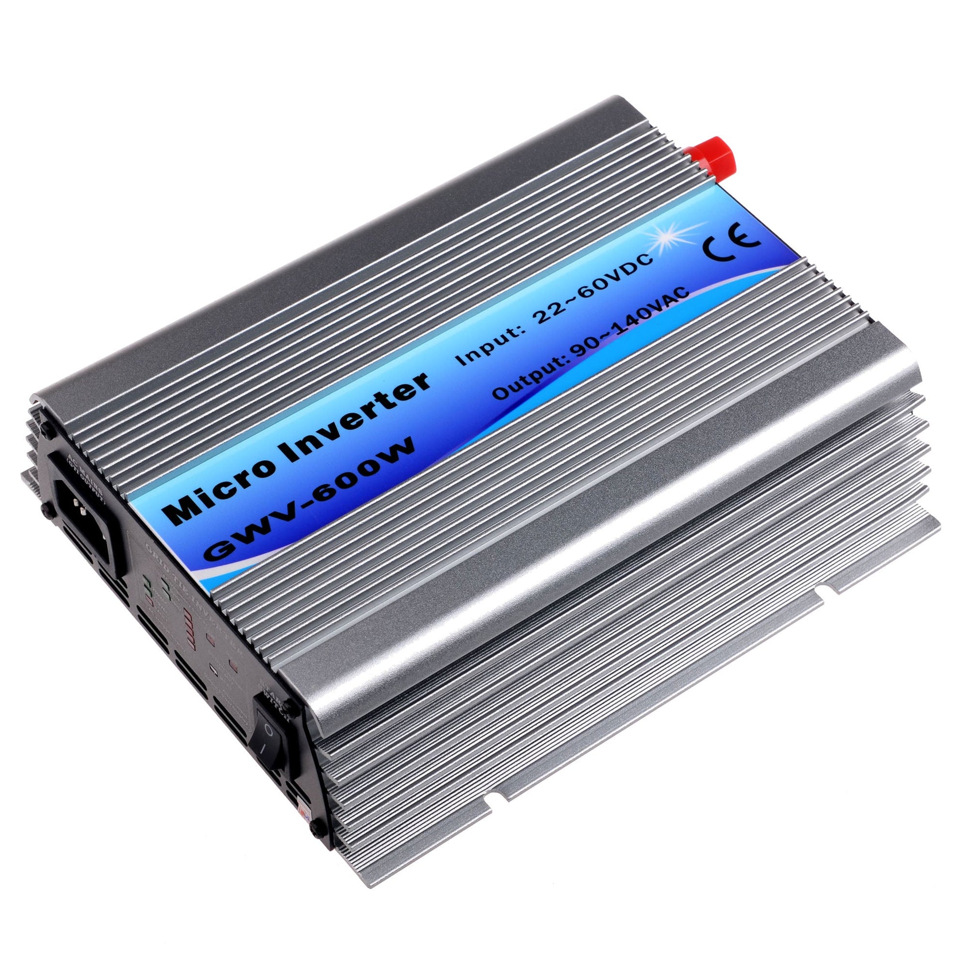 600W Grid Tie Inverter, 600W grid tie micro inverter (GWV-600W) with finned aluminum case, input 22–60VDC and output 90–140VAC