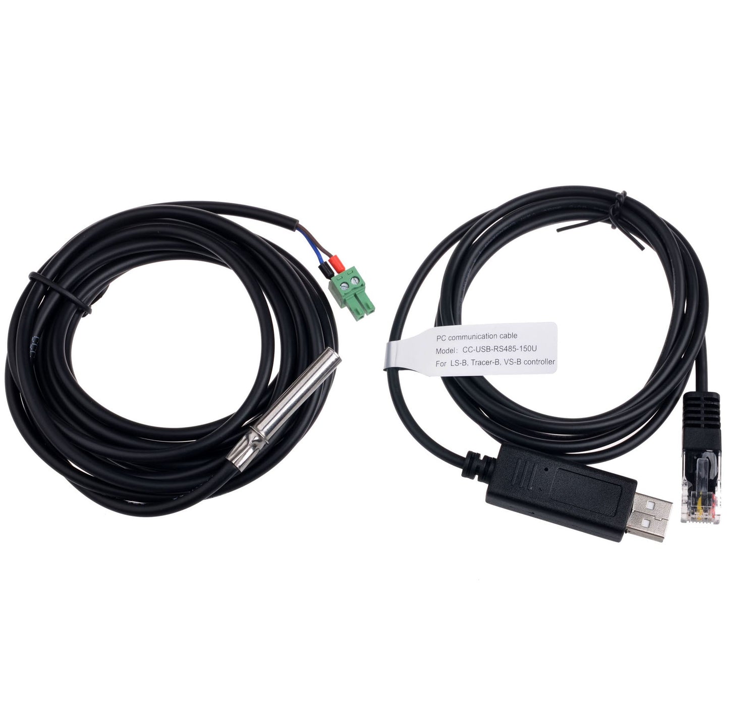 RS485 to USB monitoring adapter cables with USB-A plug, RJ45 connector, and 2-pin screw terminal leads