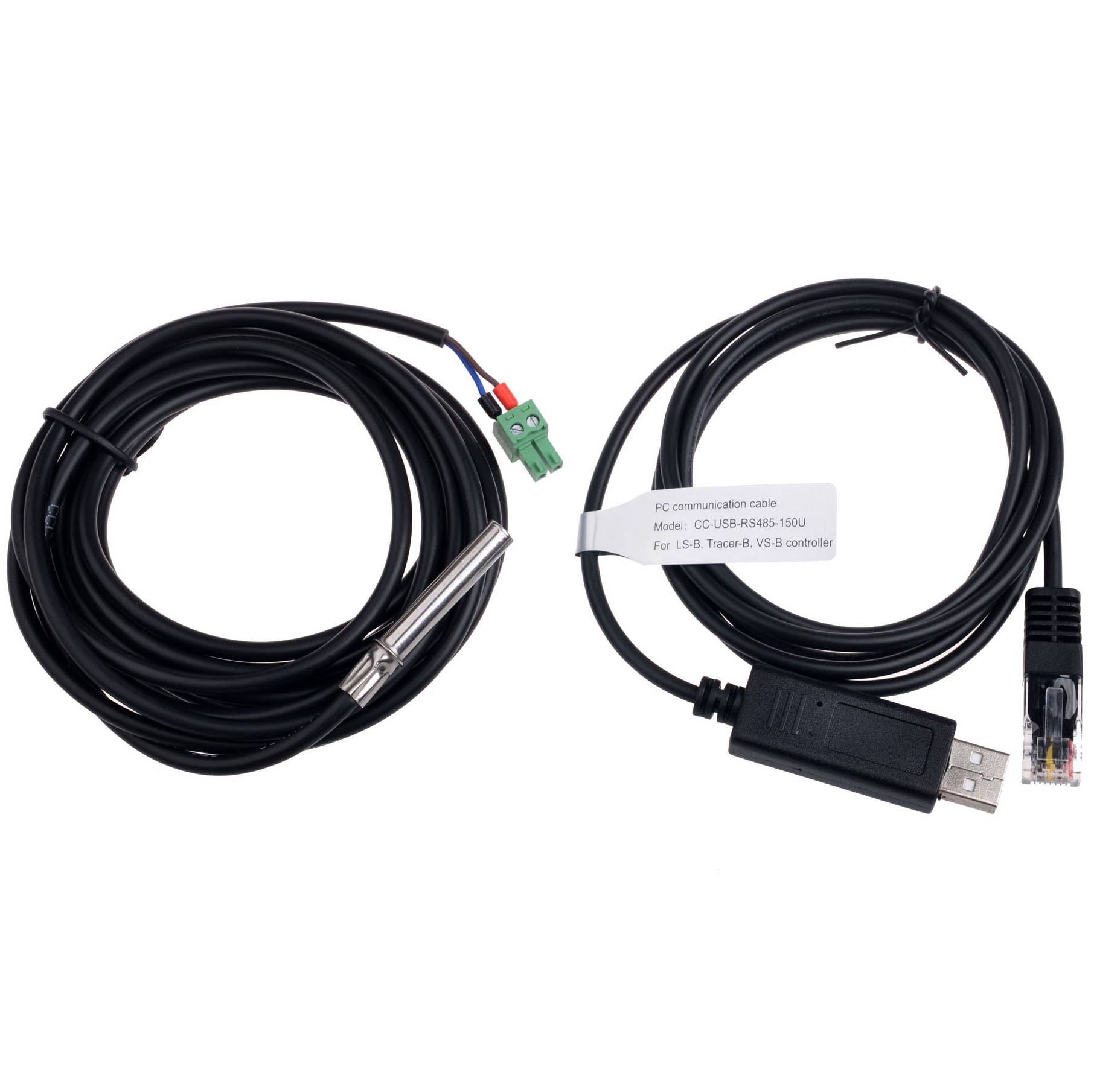 RS485 to USB monitoring adapter cables with USB-A plug, RJ45 connector, and 2-pin screw terminal leads