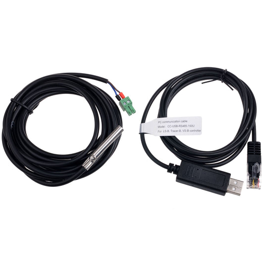 RS485 to USB monitoring adapter cables with USB-A plug, RJ45 connector, and 2-pin screw terminal leads