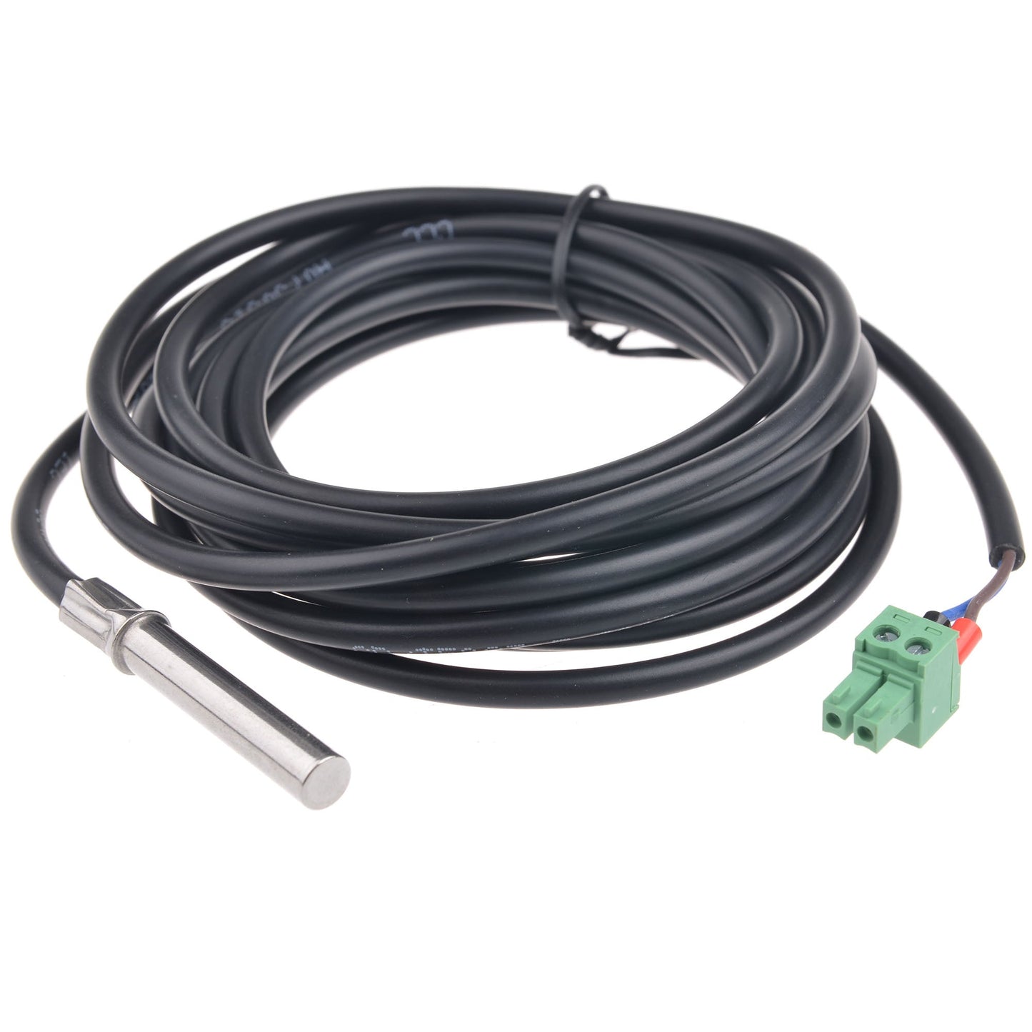 RS485 to USB Monitoring Adapter, Coiled black cable with stainless steel cylindrical probe and green 2‑pin screw terminal connector