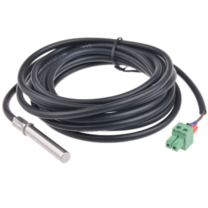 RS485 to USB Monitoring Adapter, Coiled black cable with stainless steel cylindrical probe and green 2‑pin screw terminal connector