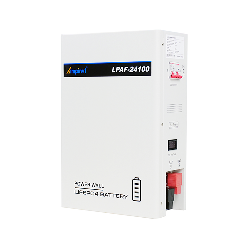 Ampinvt LPAF-24100 25.6V 100Ah LiFePO4 power wall battery, front view with DC switch and terminals
