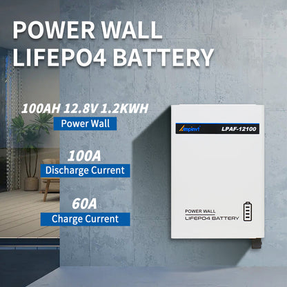 Wall-mounted LiFePO4 battery graphic showing 100Ah 12.8V 1.2kWh rating, LPAF-12100 on wall