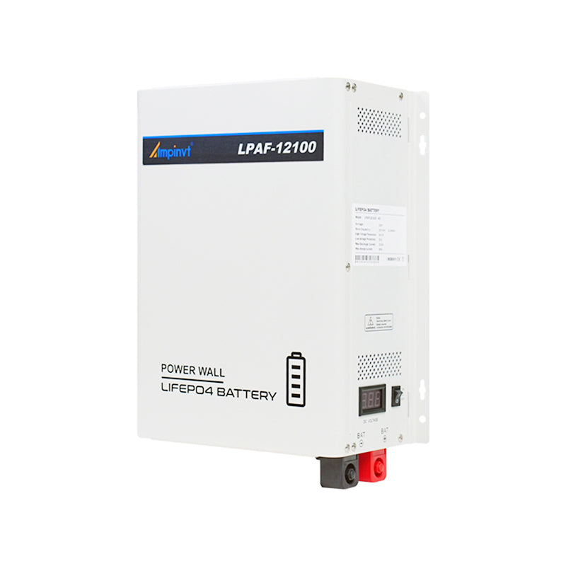 Ampinvt LPAF-12100 12.8V 100Ah LiFePO4 power wall battery, angled view with DC terminals and display