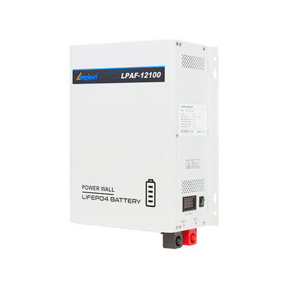 Ampinvt LPAF-12100 12.8V 100Ah LiFePO4 power wall battery, angled view with DC terminals and display