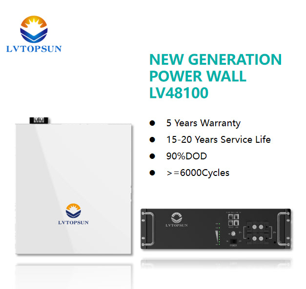 LVTOPSUN LV48100 48V 100AH LifePO4 Battery, The LVTOPSUN Power Wall LV48100 features a 5-year warranty, 90% depth of discharge, and 15-20 year service life with 600 charge cycles.